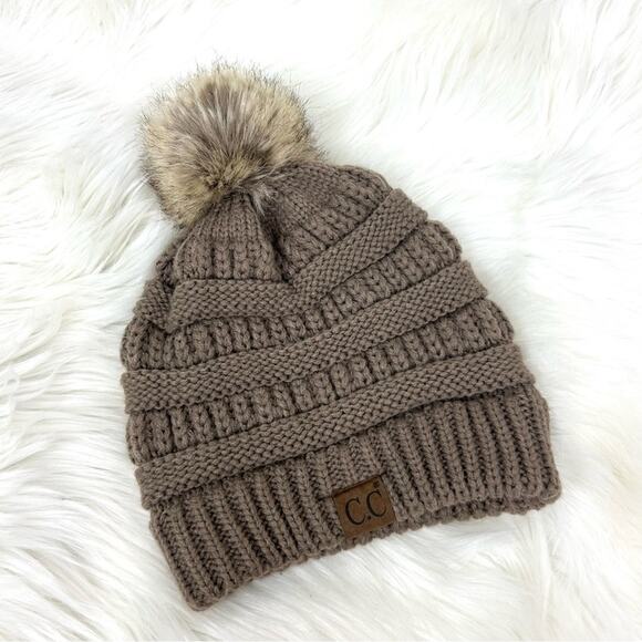 C.C Brown Knit Pom Beanie Hat OS - Picture 1 of 5